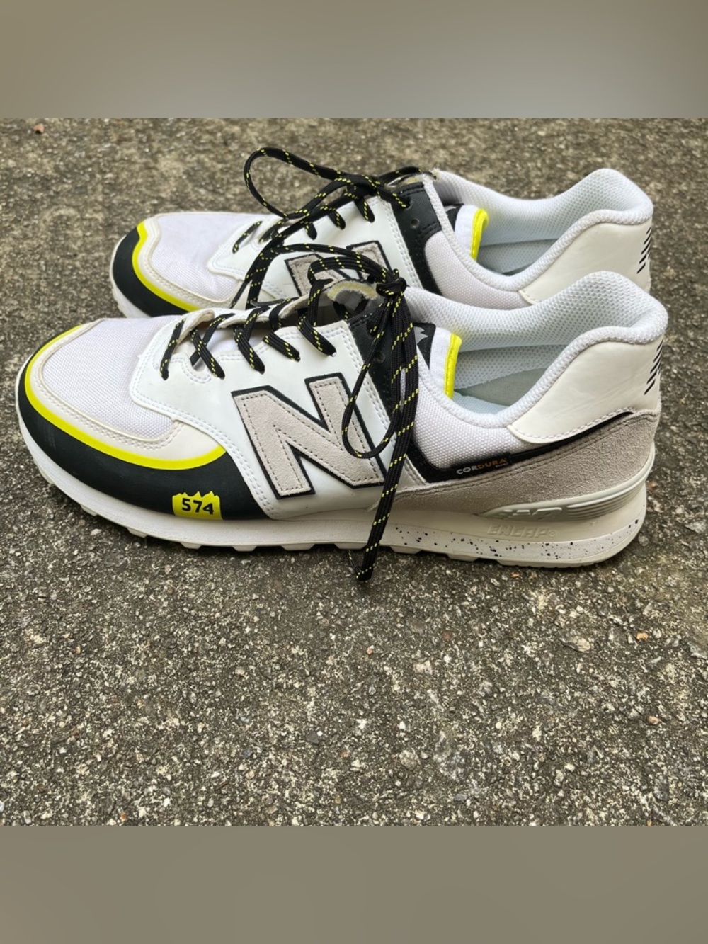New Balance Men’s Athletic Sneakers in White, Black & Yellow